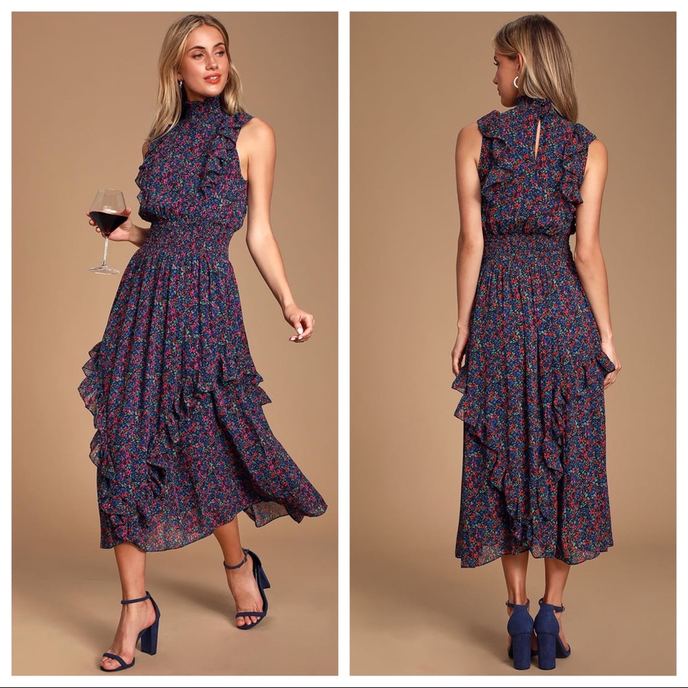NWOT Lulus Evalina Navy Blue Floral Print Mock Neck Midi Dress a favorite
